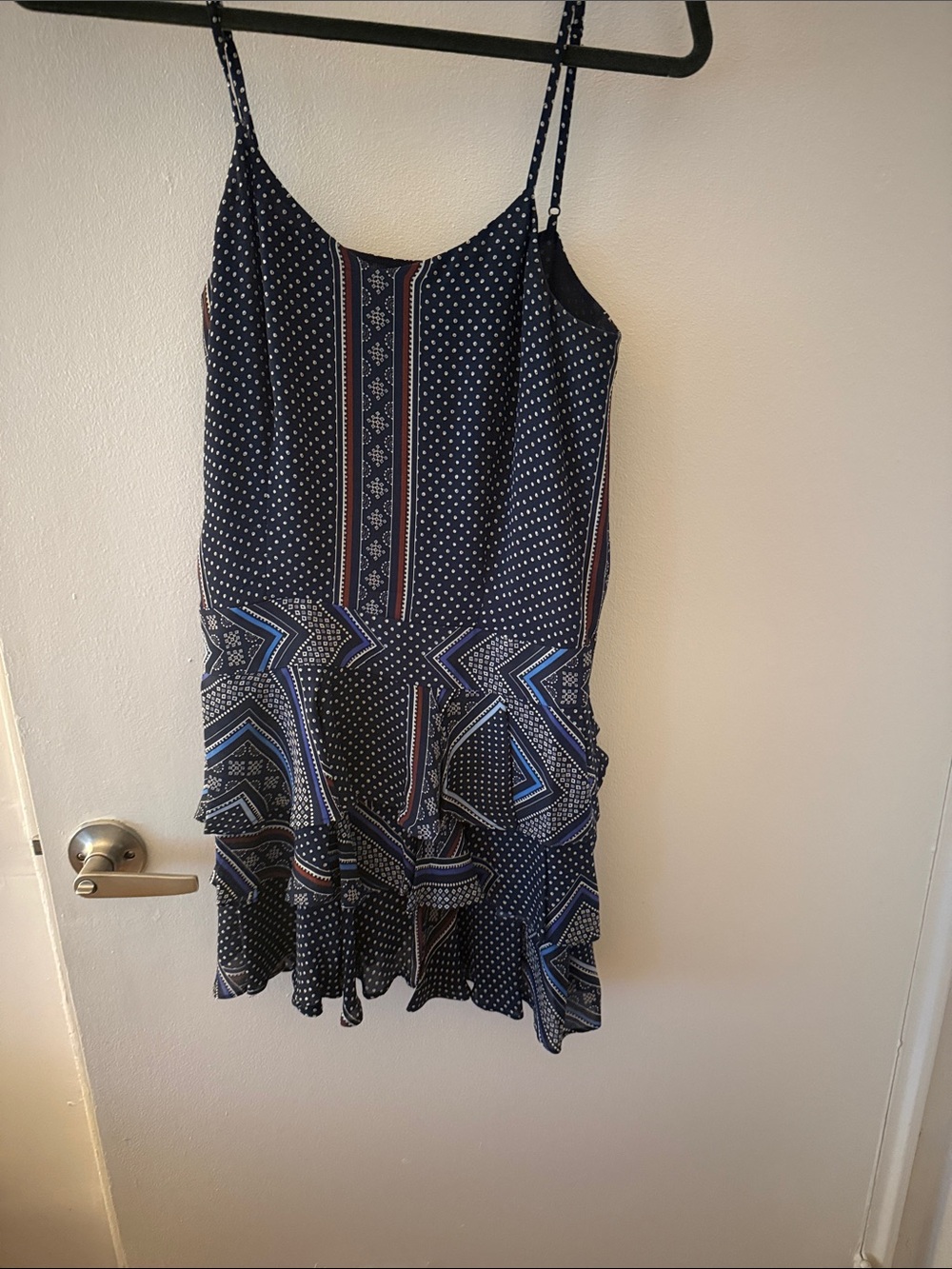 10 Crosby Derek Lam Navy Polka Dot & Blue Geo Print Spaghetti Strap Dress